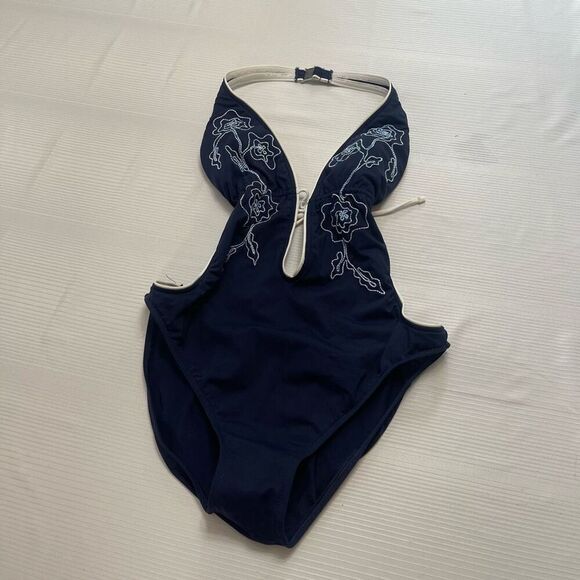 Ralph Lauren VTG Y2k Navy Blue Embroidered Cut Out One Piece Bathing Suit Size 6 - Picture 1 of 6